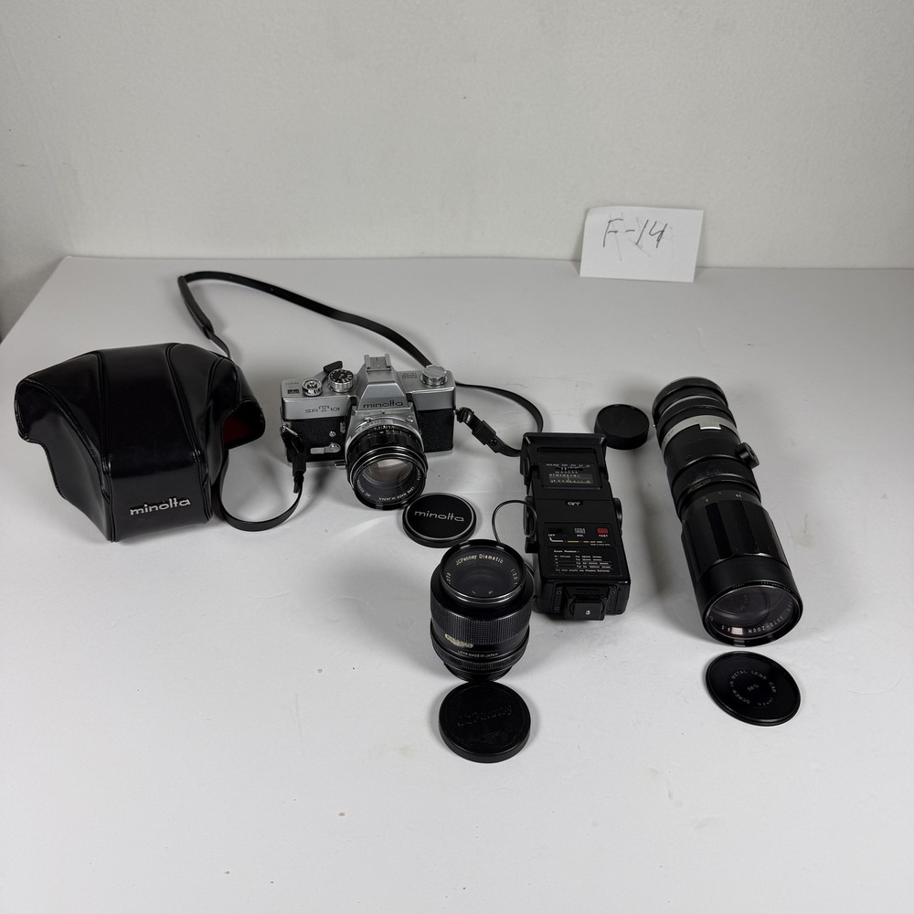 Vintage Minolta SR-T 101 35mm SLR Camera Lot w/ Lenses & Flash - Storage F-15‎